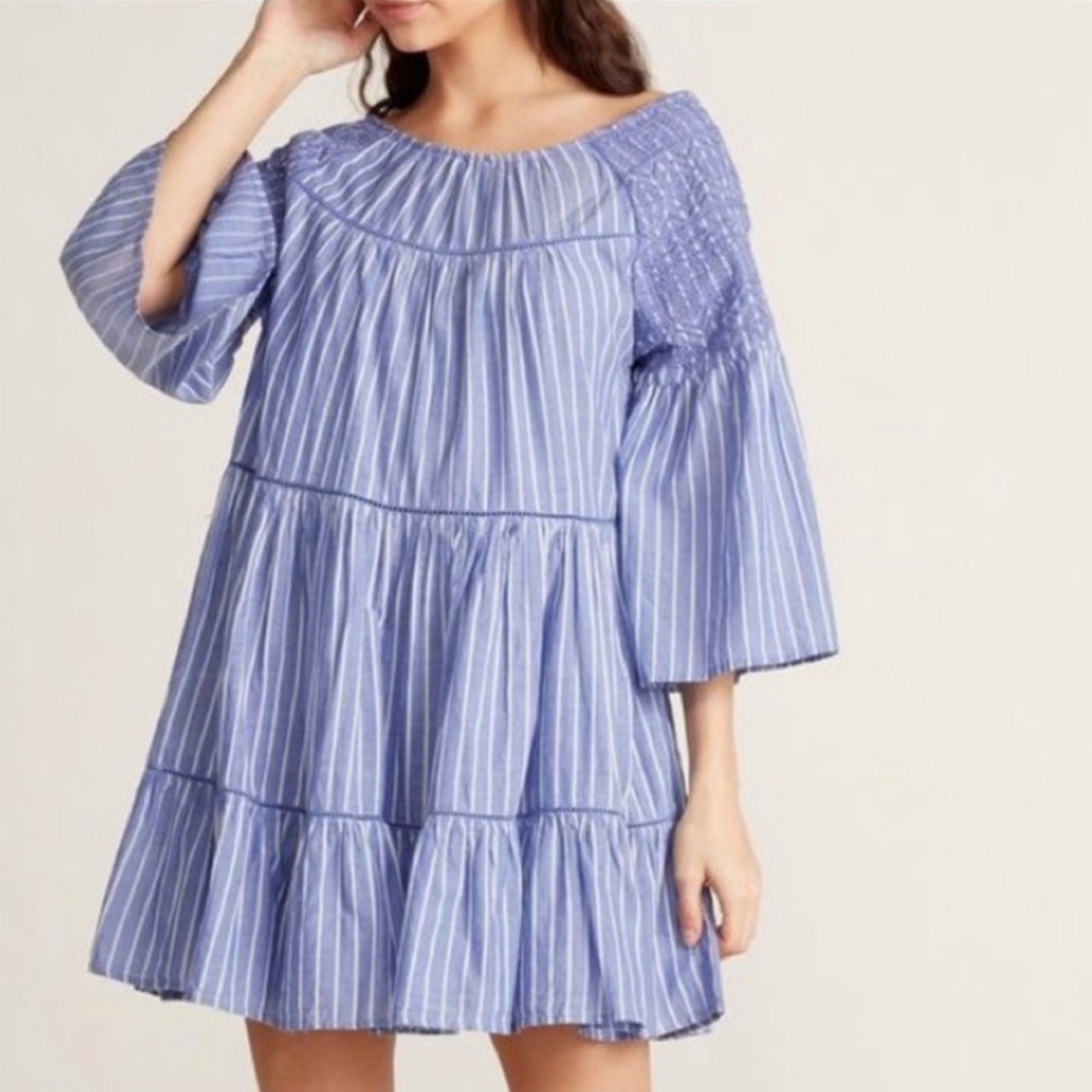 Free People Lola Blue and White Striped Flounce Mini Dress Medium